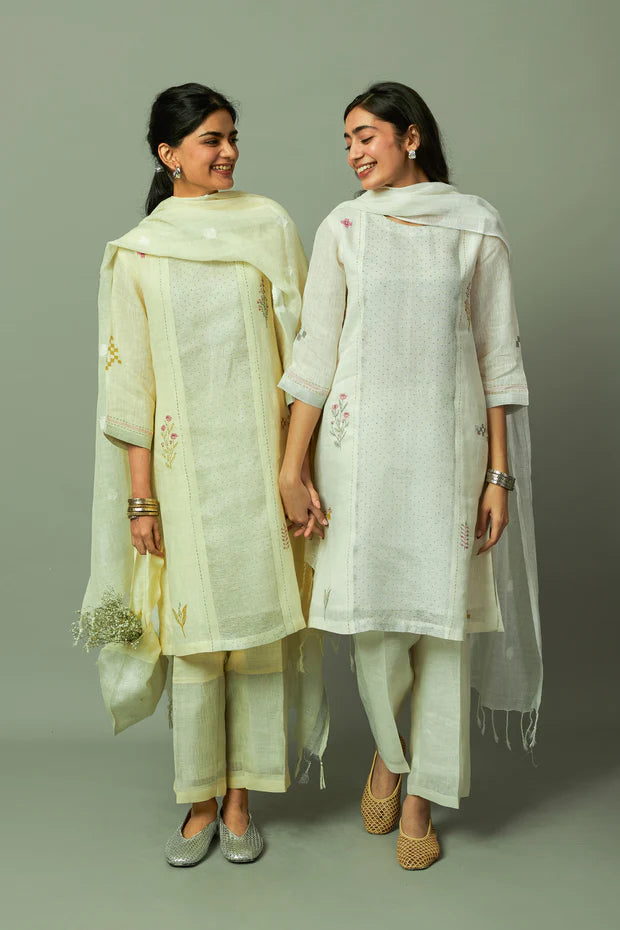 Block Printed Sliver Zari Linen Kurta set
