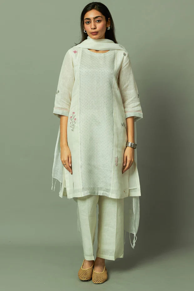 Block Printed Sliver Zari Linen Kurta set