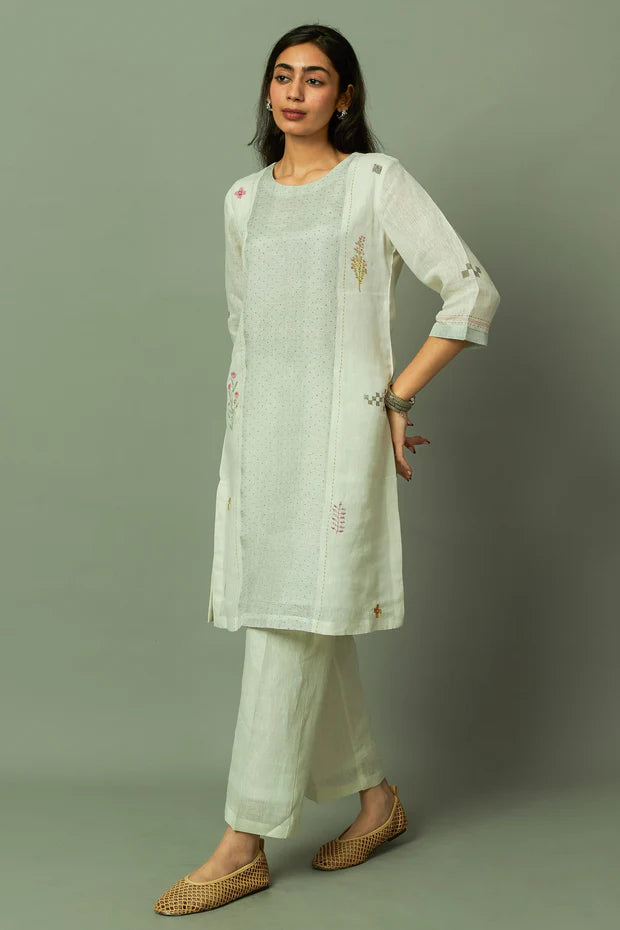 Block Printed Sliver Zari Linen Kurta set