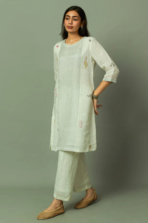 Block Printed Sliver Zari Linen Kurta set