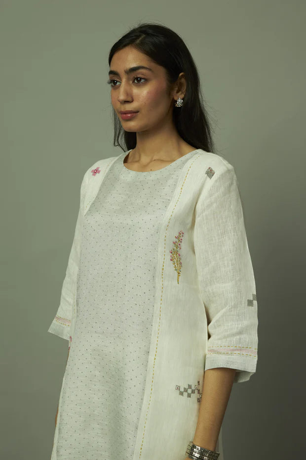 Block Printed Sliver Zari Linen Kurta set