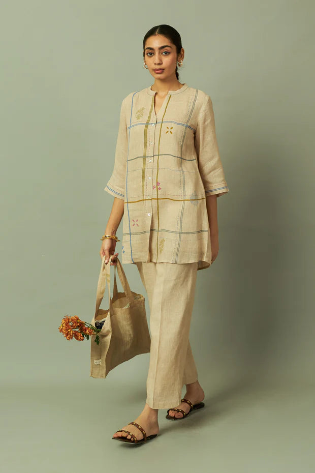 Modern Grid Block Printed Gauze Linen Co ord Set
