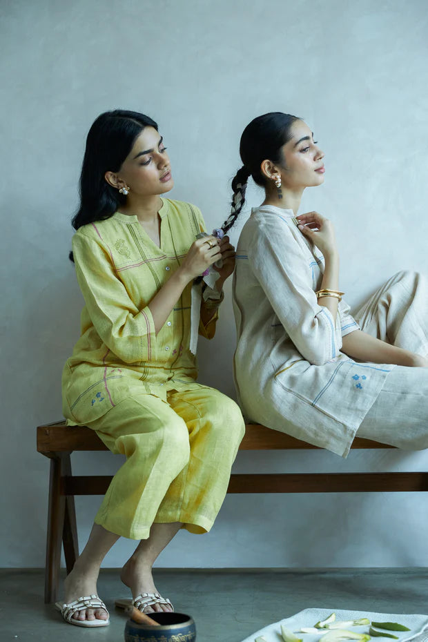 Modern Grid Block Printed Gauze Linen Co ord Set