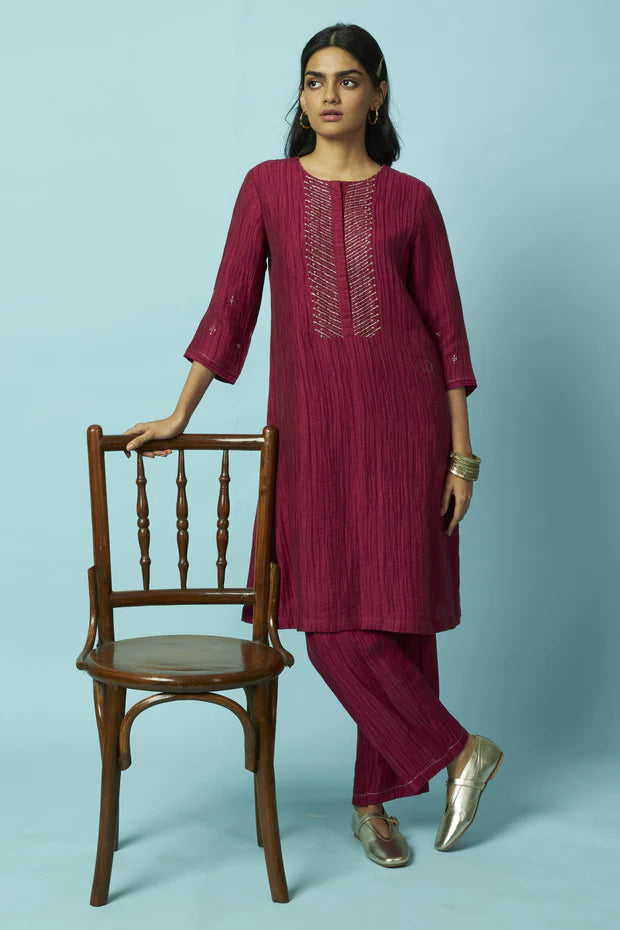 Textured Silk-Linen Tunic Set with Khat Pita Placket