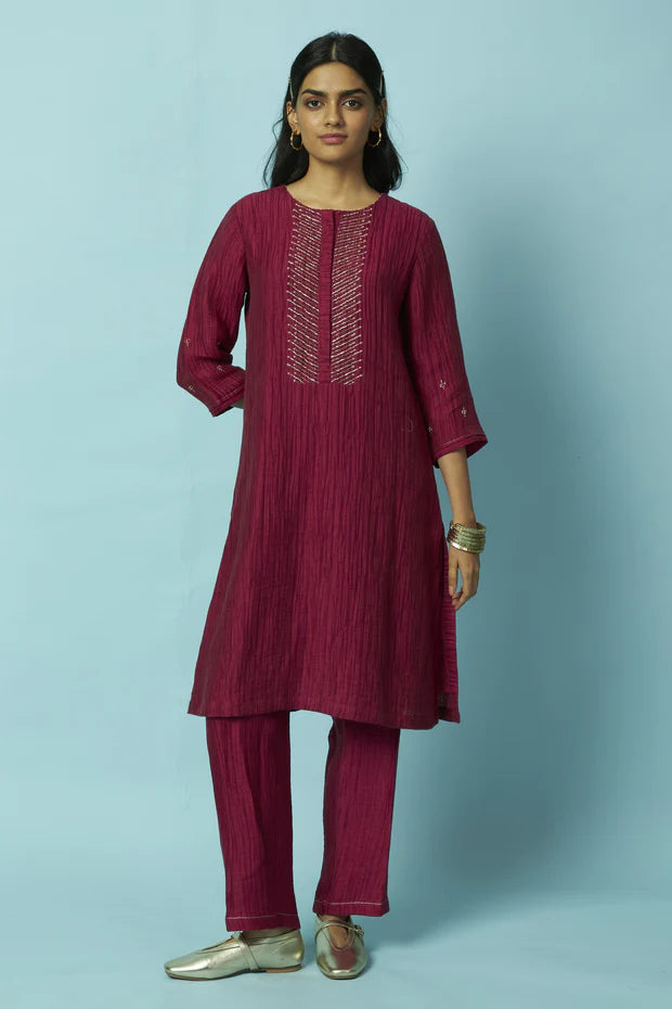 Textured Silk-Linen Tunic Set with Khat Pita Placket