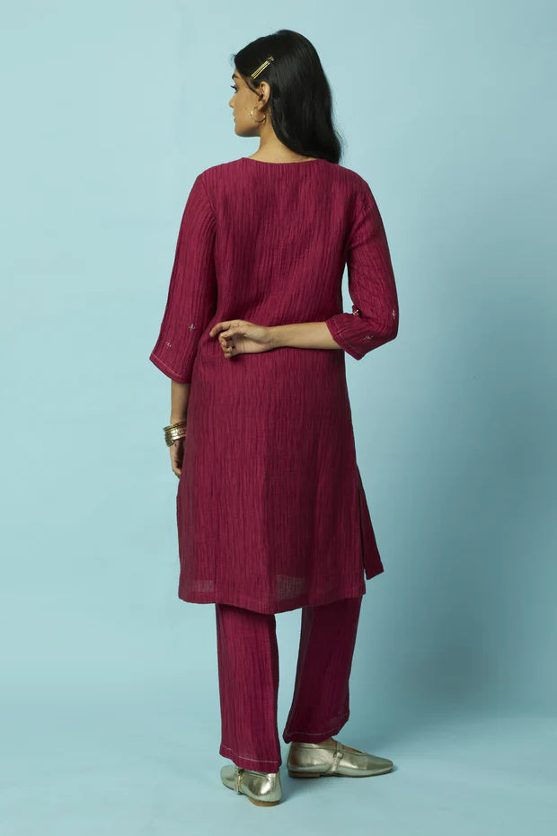 Textured Silk-Linen Tunic Set with Khat Pita Placket